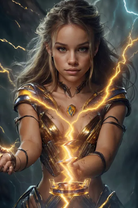 <lora:HaileyGrice_v1:0.9> HaileyGrice ,  portrait, solo, half shot, detailed background, detailed face, (<lora:JoltTech:0.6>, excessive energy, thunder, scifi, jolttech theme:1.1), evil smirk ,  (card-wizard:1.05), gambler, Citrine magician outfit, dynamic pose, (cards floating in the air:1.15), glowing magical symbols, <lora:LightingVFX:0.2>, lightning in background,  ethereal atmosphere,