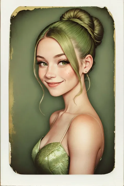 polaroid style, vintage, instant photo, faded, detailed portrait <lora:HaileyGrice_v1:0.9> HaileyGrice, focus on smiling face, wearing an elegant evening gown , her pistachio color hair is styled as low bun,