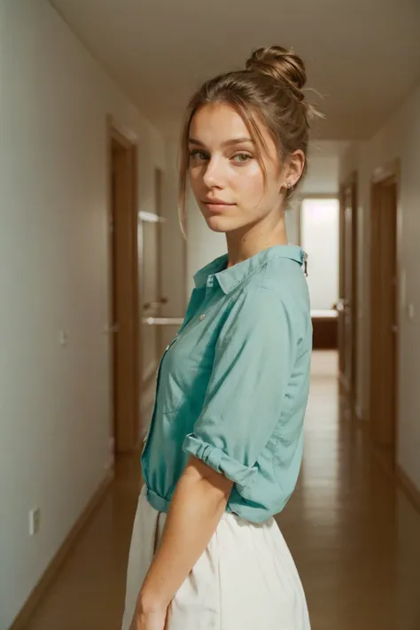 (low angle, headshot:1.2) photo of <lora:HaileyGrice_v1:0.9> HaileyGrice, she is wearing tabi, she is wearing armlet, her hair is styled as messy bun hair, BREAK she is (in the hallway:1.1), hash flash lighting, shot on Leica M3, Voigtlnder Nokton 50mm f1.1 ,Kodak Vision3 IMAX ,