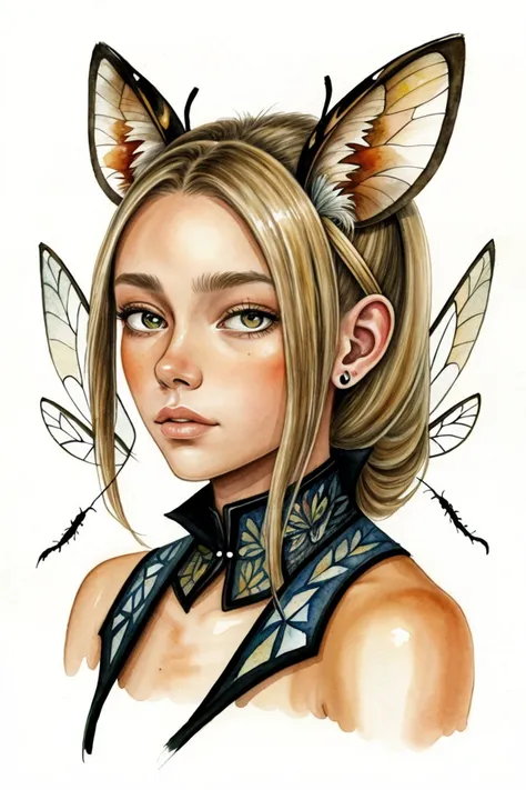 an extremely detailed, intricate watercolor painting of <lora:HaileyGrice_v1:0.9> HaileyGrice with dirty blonde hair with highlights with ant antenna on her head, she has multifaceted eyes, she has insect wings for ears