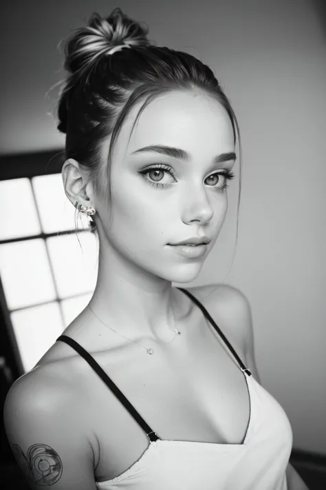 (high angle, closeup on face:1.2) photo of <lora:HaileyGrice_v1:0.9> HaileyGrice, she is wearing happi, she is wearing piercing, her hair is styled as Straight Chignon, BREAK she is (in the basement:1.1), soft lighting, shot on (RED:.6) camera, (Ilford HP5 Plus:1.6) ,50mm ,bokeh,