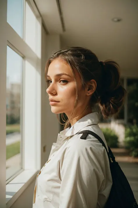 (low angle, headshot:1.2) photo of <lora:HaileyGrice_v1:0.9> HaileyGrice, she is wearing hazmat suit , she is wearing hairpin, her hair is styled as textured ponytail, BREAK she is (walking in a private park:1.1), silhouetted against the window, shot on Fujifilm X-T4, Voigtlnder Nokton 50mm f1.1 ,Porta 160 ,underexposed,