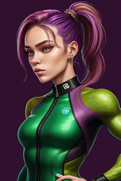 crypto art style, digital, vibrant, blockchain, detailed upper body photo of <lora:HaileyGrice_v1:0.9> HaileyGrice, focus on face, wearing a pant suit , her grape leaf color hair is styled as textured ponytail,