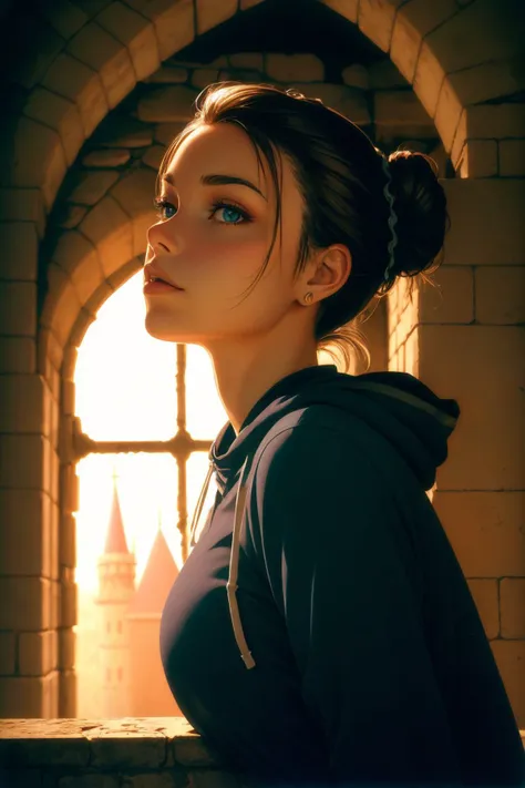 (low angle, closeup on face:1.2) photo of <lora:HaileyGrice_v1:0.9> HaileyGrice, she is wearing hood , she is wearing arm warmers, her hair is styled as fishtail bun, BREAK she is (in an abandoned castle:1.1), soft lighting, shot on Rolleiflex, Velvia 100 , in the style of Nathan Wirth