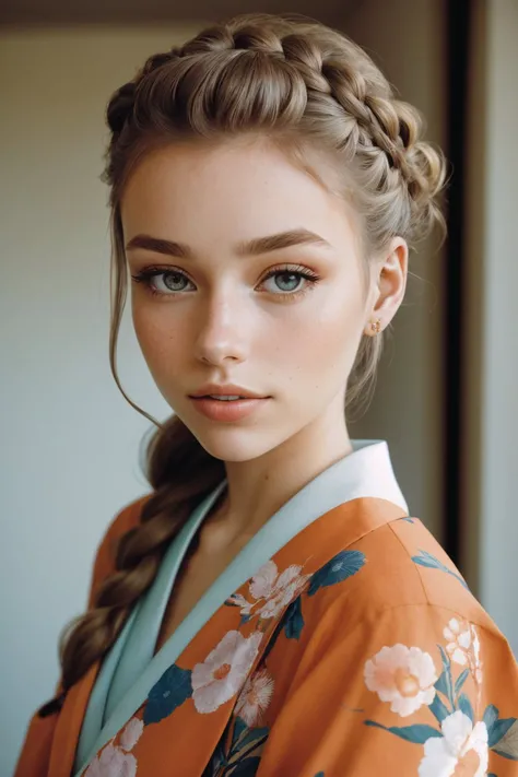 (shot from a Dutch angle, closeup on face:1.2) photo of <lora:HaileyGrice_v1:0.9> HaileyGrice, she is wearing kimono, she is wearing boutonniere, her hair is styled as Curly Dutch Braid, BREAK she is (in the cellar:1.1), high key brightly lit, shot on Bolex H16, Ektar 100 ,