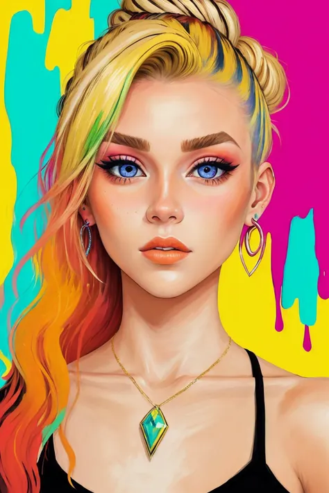 (fauvist style, bright, unnatural colors, bold brushwork:1.15), <lora:HaileyGrice_v1:0.9> HaileyGrice with dirty blonde hair with highlights, focus on eyes, close up on face, wearing jewelry, hair styled Top Knot with Curly Hair,