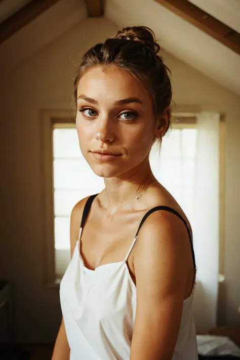 (eye level, headshot:1.2) photo of <lora:HaileyGrice_v1:0.9> HaileyGrice, she is wearing camisole , she is wearing spiked bracelet, her hair is styled as side bun, BREAK she is (in the attic:1.1), soft diffused lighting, shot on HOLGA 120n, _, Voigtlnder Nokton 50mm f1.1 , in the style of Anne Brigman
