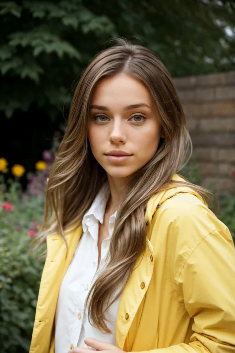 (low angle, closeup on face:1.2) photo of <lora:HaileyGrice_v1:0.9> HaileyGrice, she is wearing yellow raincoat , she is wearing large buttons, her hair is styled as choppy shag hair, BREAK she is (in the garden:1.1), (hard lighting:1.4), shot on Lumix GH5, vibrant colors, 50mm ,