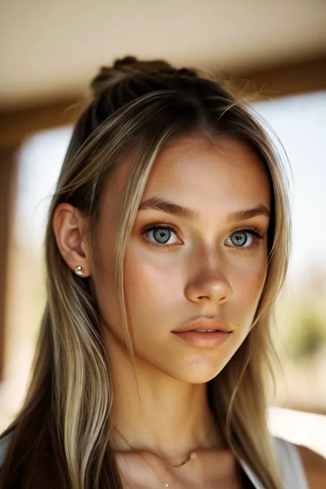 , photo of <lora:HaileyGrice_v1:0.9> HaileyGrice with dirty blonde hair with highlights, focus on eyes, close up on face, wearing jewelry, cream color hair styled twisted half-up hair, lens flare