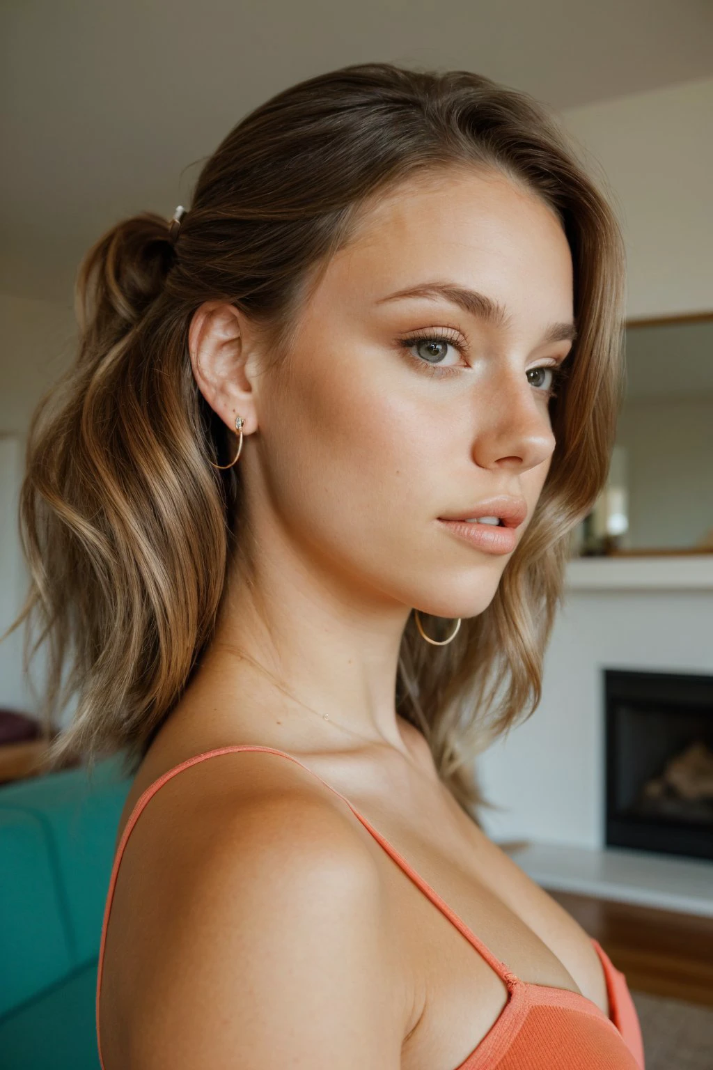 (low angle, closeup on face:1.2) photo of <lora:HaileyGrice_v1:0.9> HaileyGrice, she is wearing Undone sarashi, she is wearing hoop earrings, her hair is styled as Curly Side Swept Hair, BREAK she is (in the family room:1.1), soft bounced lighting, shot on Lumix GH5, dynamic range,vibrant colors,cinematic bokeh, Ektar 100 , in the style of Alex Timmermans