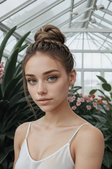 (eye level, closeup on face:1.2) photo of <lora:HaileyGrice_v1:0.9> HaileyGrice, she is wearing tank top , she is wearing epaulettes, her hair is styled as braided top knot, BREAK she is (in the conservatory:1.1), soft fill lighting, shot on Lumix GH5, dynamic range,vibrant colors, Cinestill 800T ,overexposed,50mm ,