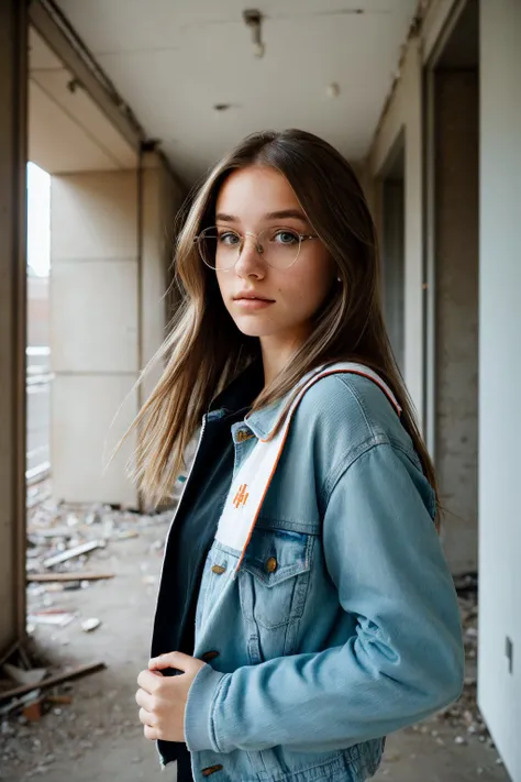 (shot from a Dutch angle, headshot:1.2) photo of <lora:HaileyGrice_v1:0.9> HaileyGrice, she is wearing letterman jacket , she is wearing glasses, her hair is styled as center-parted hair, BREAK she is (exploring an abandoned building:1.1), creative shadow play, shot on ALEXA 65, dreamy haze,Voigtlnder Nokton 50mm f1.1 , in the style of Hayao Miyazaki