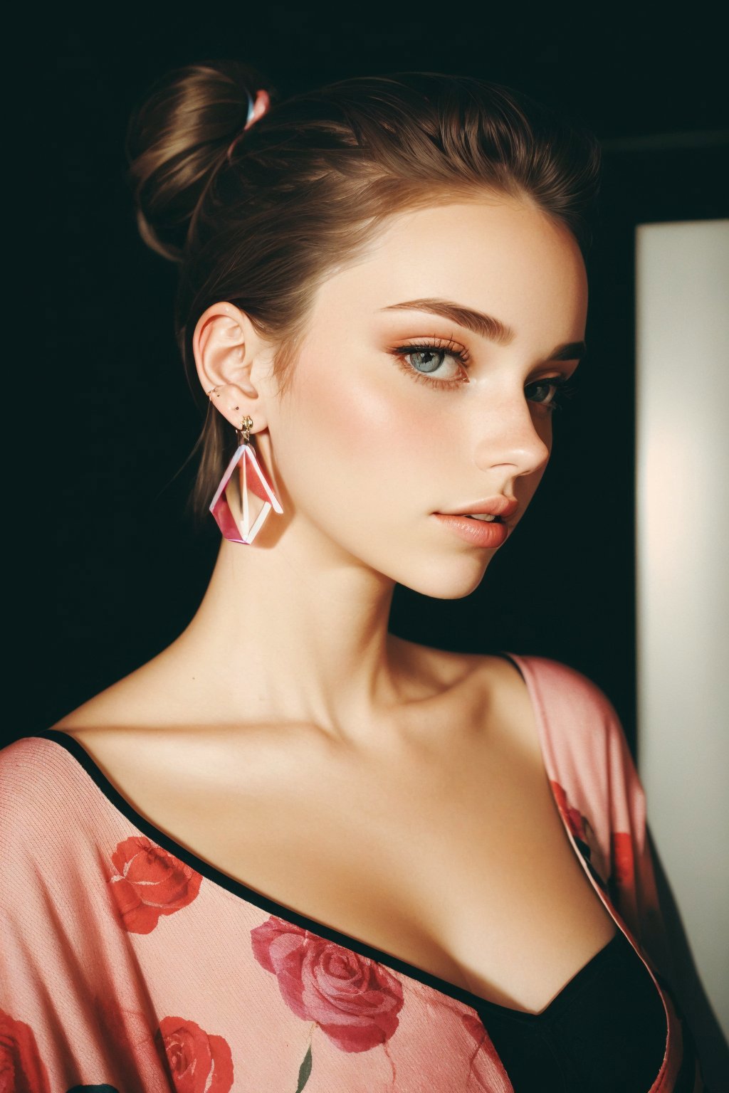 A close up of a woman with a pink dress and earrings - SeaArt AI