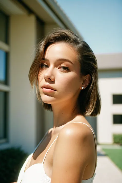 (low angle, closeup on face:1.2) photo of <lora:HaileyGrice_v1:0.9> HaileyGrice, she is wearing uchikake, she is wearing piercing, her hair is styled as short textured hair, BREAK she is (in the courtyard:1.1), low key lighting, (shot on Kodak Funsaver:1.6), film grain,blur,dreamy haze, Ektar 100 ,Voigtlnder Nokton 50mm f1.1 ,lens flare,