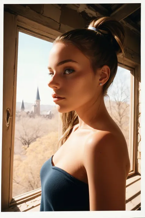 (low angle, headshot:1.2) photo of <lora:HaileyGrice_v1:0.9> HaileyGrice, she is wearing bandeau , she is wearing mittens, her hair is styled as knotted ponytail, BREAK she is (in an abandoned castle:1.1), warm golden hour lighting, shot on Polaroid SX-70, Voigtlnder Nokton 50mm f1.1 ,hologram effect,Velvia 100 ,