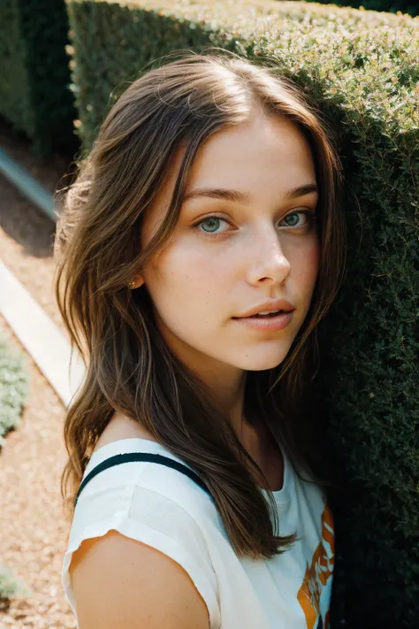 (from above, closeup on face:1.2) photo of <lora:HaileyGrice_v1:0.9> HaileyGrice, she is wearing t-shirt , she is wearing arm warmers, her hair is styled as wavy shoulder-length hair, BREAK she is (wandering a hedge maze:1.1), radiant god rays, shot on Kodak Brownie, long exposure,Velvia 100 ,Voigtlnder Nokton 50mm f1.1 ,