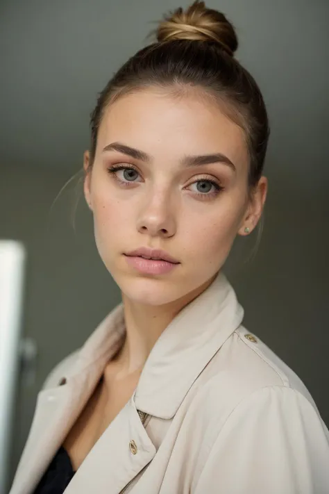 view from below, jacket, metro, <lora:add_detail:-0.4>, soft focus, <lora:HaileyGrice_v1:0.9>, HaileyGrice, low key lighting, buns haircut, sharp cheekbones, detailed skin, wrinkles, moles