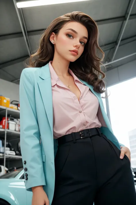 (from below, closeup on face:1.2) photo of <lora:HaileyGrice_v1:0.9> HaileyGrice, she is wearing pant suit , she is wearing lapel pin, her hair is styled as long curly hair, BREAK she is (in the garage:1.1), soft lighting, shot on Leica M3, Voigtlnder Nokton 50mm f1.1 ,Agfa Vista ,