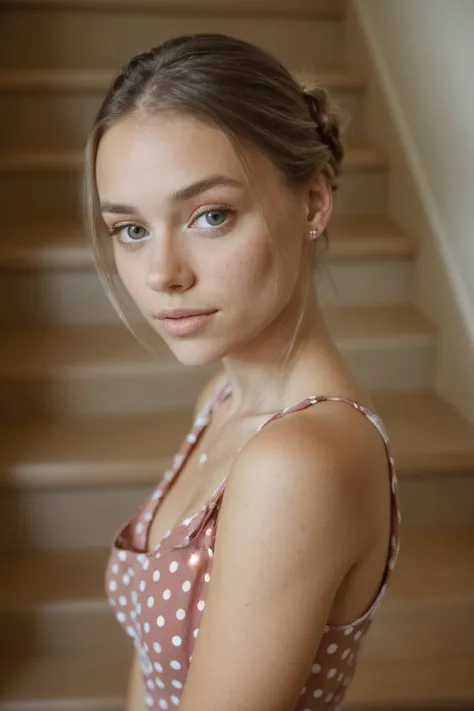 (from below, closeup on face:1.2) photo of <lora:HaileyGrice_v1:0.9> HaileyGrice, she is wearing polka dot tank top , she is wearing badge, her hair is styled as milkmaid braid, BREAK she is (in the staircase:1.1), low key lighting, shot on Lumix GH5, cinematic bokeh, Voigtlnder Nokton 50mm f1.1 ,technicolor,