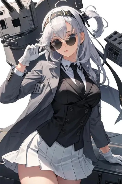 best quality, masterpiece, highres, solo, {black business suit:1.40}, {tie:1.20}, {sunglasses:1.25}, {white gloves:1.15}, {white shirt:1.10}, {black skirt:1.15}, {smoking:1.20}, handsome, {suzutsuki_kantaicollection:1.15}, long_hair, one_side_up, grey_hair, headband, hachimaki, hair_between_eyes, breasts, grey_eyes, black_headband, blue_eyes, bodysuit, white_hair