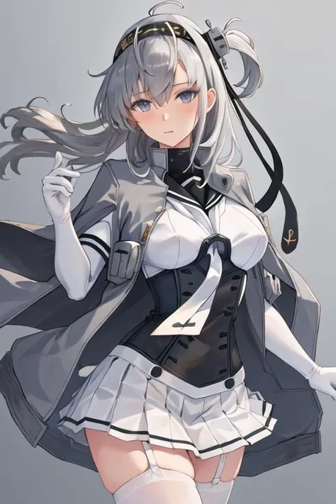 best quality, masterpiece, highres, solo, {suzutsuki_kantaicollection:1.15}, long_hair, one_side_up, grey_hair, headband, hachimaki, hair_between_eyes, breasts, grey_eyes, black_headband, blue_eyes, bodysuit, white_hair, 1girl, clothes_writing, corset, grey_jacket, jacket, looking_at_viewer, pleated_skirt, sailor_collar, school_uniform, serafuku, skirt, white_bodysuit, white_gloves, white_skirt, black_sailor_collar, gloves, necktie, white_necktie, anchor_symbol, jacket_on_shoulders, miniskirt, cowboy_shot