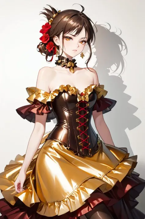 <lora:Outfit_ChocolateFoilDress:0.8> dr3ss, corset, dress, (crinkled gold foil:1.2) frills, ribbon, delicious, ornate, (choker), off shoulder, layered gown, rose, hair flower, chest bow,, absurdres, ultra detailed, masterpiece, best quality, aesthetic, detailed,, solo, frown,
1girl, red eyes, <lora:Tsurime3:1>, (tsurime:1.2), (brown hair:1.3), medium hair, (asymmetrical bangs, swept bangs, cowlick:1.35), flipped hair, <lora:foldedponytail:0.8> foldedponytail, folded ponytail, (small breasts:1.3),