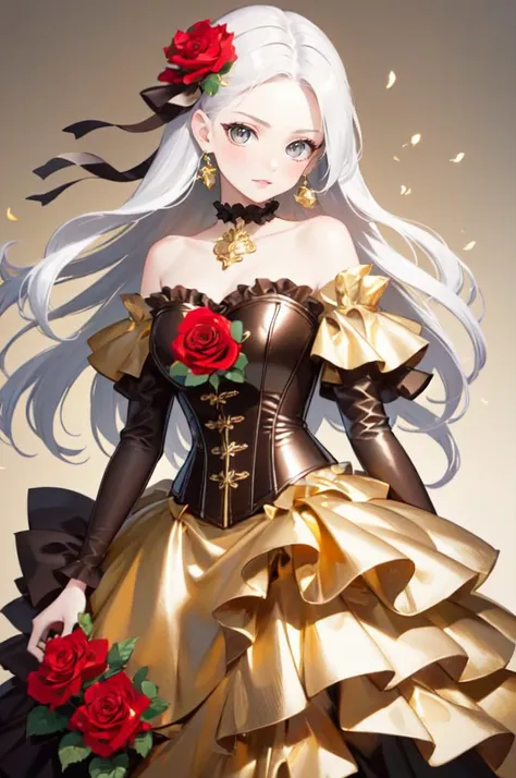 <lora:Outfit_ChocolateFoilDress:0.8> dr3ss, corset, dress, (crinkled gold foil:1.2) frills, ribbon, delicious, ornate, (choker), off shoulder, layered gown, rose, hair flower, chest bow,, absurdres, ultra detailed, masterpiece, best quality, aesthetic, detailed,, serious, 1girl, (white eyes:1.1), (grey eyes:1.3), white hair, very long hair, parted hair, parted bangs, <lora:parted_hair_v1.3:1.3>, medium breasts,