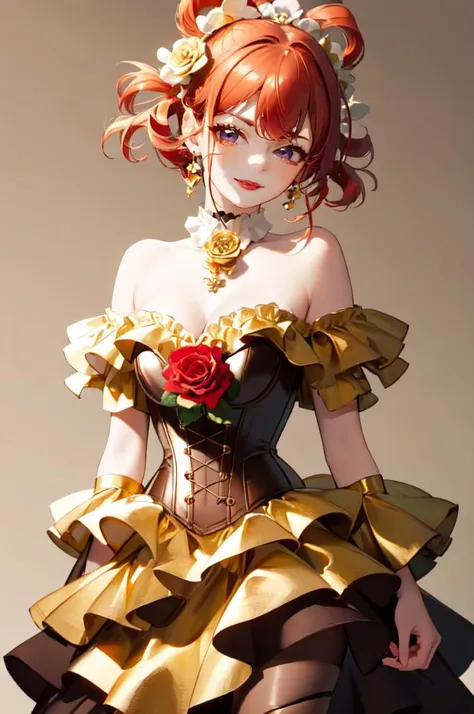 <lora:Outfit_ChocolateFoilDress:0.8> dr3ss, corset, dress, (crinkled gold foil:1.2) frills, ribbon, delicious, ornate, (choker), off shoulder, layered gown, rose, hair flower, chest bow,, absurdres, ultra detailed, masterpiece, best quality, aesthetic, detailed,, solo, seductive smile, red lips,
1girl, purple eyes, red hair, blunt bangs, large breasts, <lora:hair_rings:1> low hair rings, <lora:EllaNyan:1>,