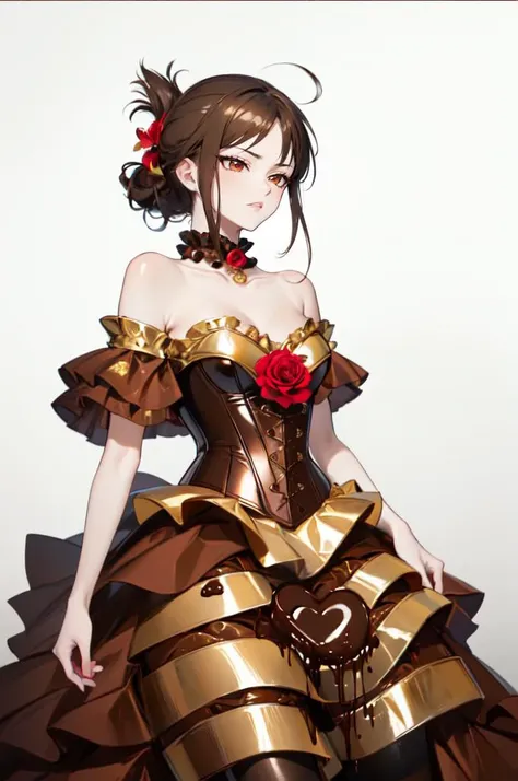 <lora:Outfit_ChocolateFoilDress:0.8>  (((melted chocolate theme))), dr3ss, corset, dress, (crinkled gold foil:1.2) frills, ribbon, delicious, ornate, (choker), off shoulder, layered gown, rose, hair flower, chest bow, large breasts, cleavage, breasts apart, absurdres, ultra detailed, masterpiece, best quality, aesthetic, detailed,, solo, frown,
1girl, red eyes, <lora:Tsurime3:1>, (tsurime:1.2), (brown hair:1.3), medium hair, (asymmetrical bangs, swept bangs, cowlick:1.35), flipped hair, <lora:foldedponytail:0.8> foldedponytail, folded ponytail, (small breasts:1.3),