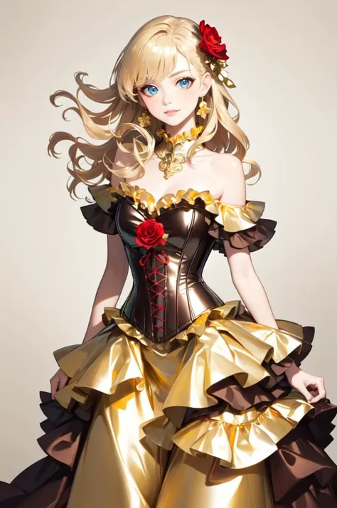 <lora:Outfit_ChocolateFoilDress:0.8> dr3ss, corset, dress, (crinkled gold foil:1.2) frills, ribbon, delicious, ornate, (choker), off shoulder, layered gown, rose, hair flower, chest bow,, absurdres, ultra detailed, masterpiece, best quality, aesthetic, detailed,, solo, soft smile, light smile,
katya1, 1girl, blue eyes, very long hair, blonde hair, long blonde hair, french braid, bangs, medium breasts,