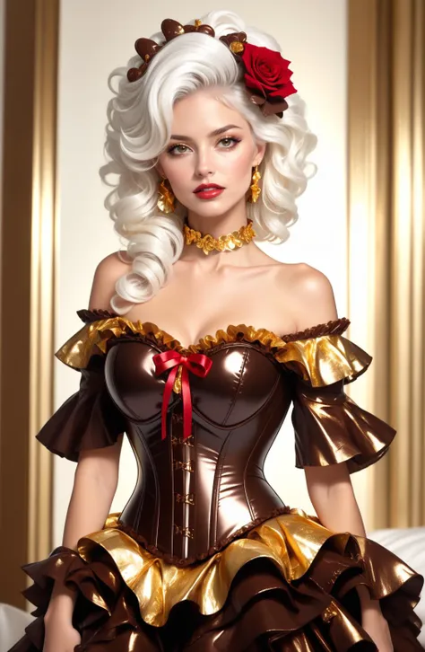 adult mature woman, beautiful, high quality, best quality, highres, high detail, <lora:GCD-48:0.8> dr3ss, corset, dress, (crinkled gold foil:1.2) frills, ribbon, ((white hair)) hair, delicious, ornate, ( choker), off shoulder, layered gown, rose, (chocolate brown lips), hair flower, chest bow, large breasts, cleavage, breasts apart, (((melted chocolate theme)))