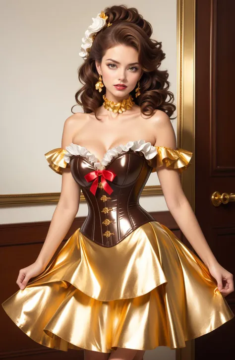 a woman in a corset and gold dress posing for a picture