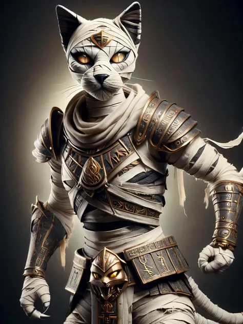 bastet, a cat dressed in armor, writst armor, shoulder plates, shoulder armor, chest armor, black and bronze armor with runes, wrapped in bondages, mummy style, glowing eyes, fighting pose <lora:bastet-sdxl:1>