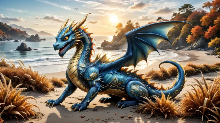 a friendly magical winged blue and gold dragon, lives by the sea, frolicking in the autumn mist, with a playmate,.(misty coastal beach and grasses, intricate background, extremely beautiful:1.4),.(illustration, poster art1.4).dynamic composition, dramatic and dynamic lighting, cinematic,.<lora:add-detail-xl:1> <lora:xl_more_art-full_v1:0.5><lora:Scaleborn_SDXL:1.0>.