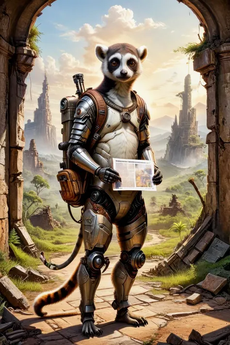 cute (lemur-robot hybrid:1.8) walking through abandoned ruins reclaimed by nature, wearing a backpack and stetson hat, dressed like Indiana Jones, holding a 6 foot walking staff, .(poster art, concept art, bold lines, expressive:1.4),.(aerial, fantastic, imaginative, beautiful, intricate details, masterpiece, best quality:1.4),.dynamic pose, wide angle view, full frame body shot,.dramatic and dynamic lighting,.<lora:add-detail-xl:1> <lora:xl_more_art-full_v1:0.7> <lora:Scaleborn_SDXL:0.8> <lora:Jean-Baptiste Monge Style:1.0><lora:NicolaSamori:1.0>.