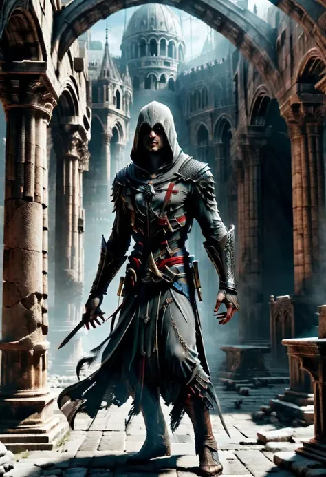 ("Assassins Creed" text logo:1.1) ral-mythcr, mythical Assassins creed style creature, wearing valuable clothes like Assassins creed style, a photorealistic image of a Assassin perched on the edge of a Gothic cathedral, the Assassin, depicted with stone-like texture, has intricate details <lora:ral-mythcr-sdxl:1.2>, <lora:texta:1.5>