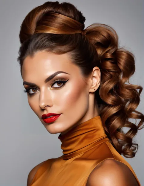 35 year old woman, wearing 70s_daily_clothing , (by trevor goring:1.2), (by todd lockwood:1.4) , Curly caramel brown high ponytail hairstyle , eyeliner, (red lipstick),