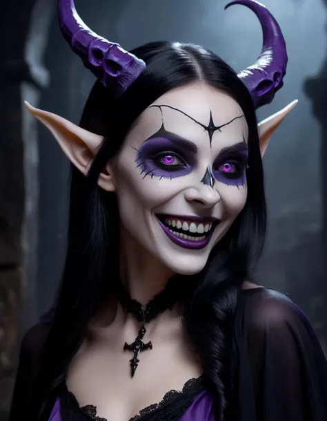 (Close shot, upper body profile) photo of a (maniacal laughing:1.3) (elf woman:1.1) with an (epoxy_skull:1.3) head (purple eyes:1.5), (small black horns:1.1), long black hair, (elven ears:1.1), (open mouth:1.), (perfect teeth:1.3), pale skin, black lipstick. (Fantasy horror style:1.3).
She is wearing (black and purple sorceress robes:1.1). She is in a gothic dungeon, (midnight:1.3), fog, dark.
cinematic lighting, vibrant colors, detailed skin texture, detailed cloth texture, beautiful detailed perfect face, intricate sharp details, ultra high res <lora:epoxy_skull:0.5>