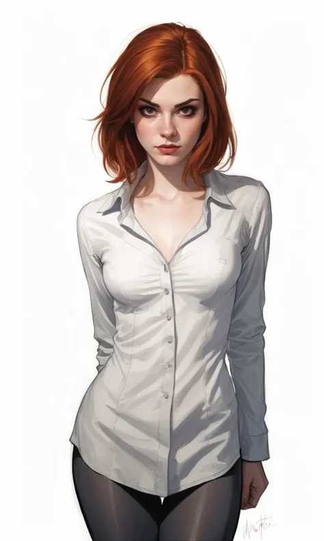 drawing, solo, front, standing, 22 year old girl with Auburn tufts hair, (embarrassed), Brown eyes, fit body, small breasts, vampire costume, simple white background (art by Phil Noto)