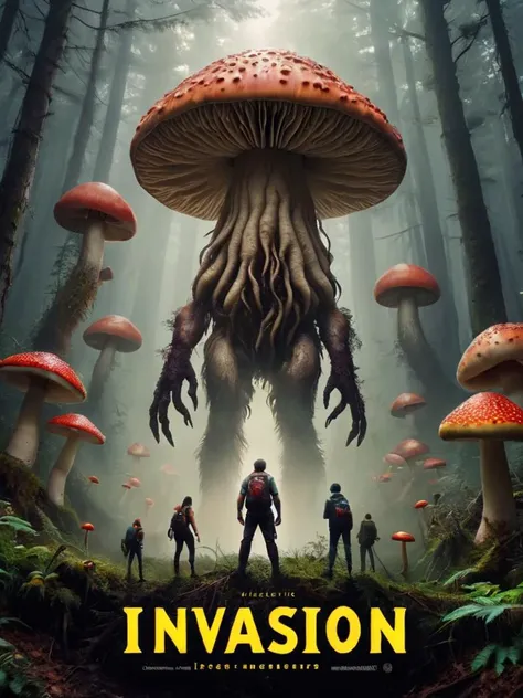 ("INVASION" text logo:1.2) <lora:Harrlogos_v2.0:1> a group of adventurers comes face to face with gigantic mushroom monster with (evil face:1.8) and huge mushroom arms and legs, film poster, cinema poster, mushroomz <lora:mushroomz-sdxl:0.4>