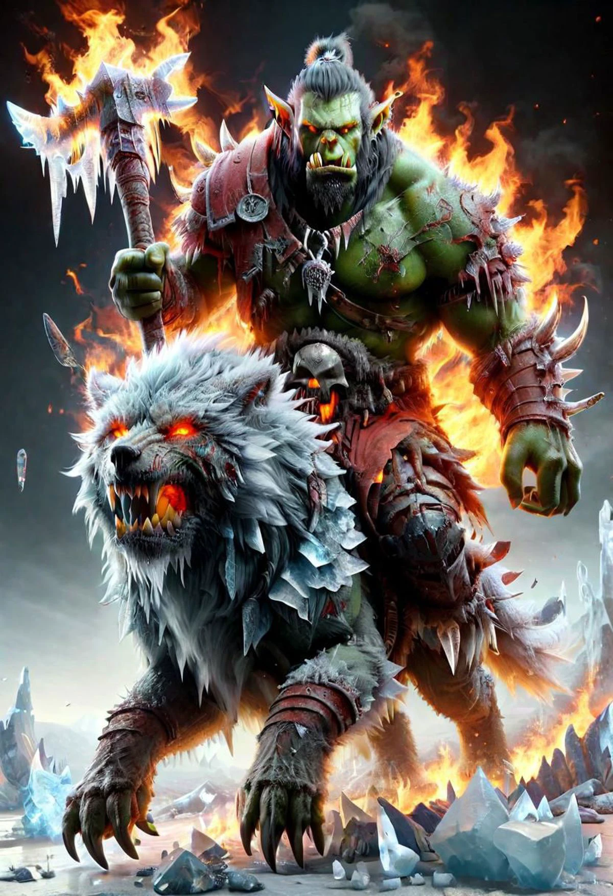 wowrcs, male orc , horde, an orc riding wolf, screaming, ice sword , ice, faize, <lora:wowrcs-sdxl:1>, battle, burning, sharp focus , high resolution