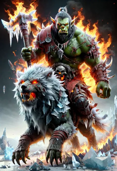 wowrcs, male orc , horde, an orc riding wolf, screaming, ice sword , ice, faize, <lora:wowrcs-sdxl:1>, battle, burning, sharp focus , high resolution