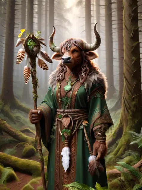 tauren, female tauren, female tauren priest, tauren priest, female preist, in mythical forest, mystical forest, holding a wooden staff with feathers on it, priest costume, furry clothing <lora:tauren-sdxl:1>