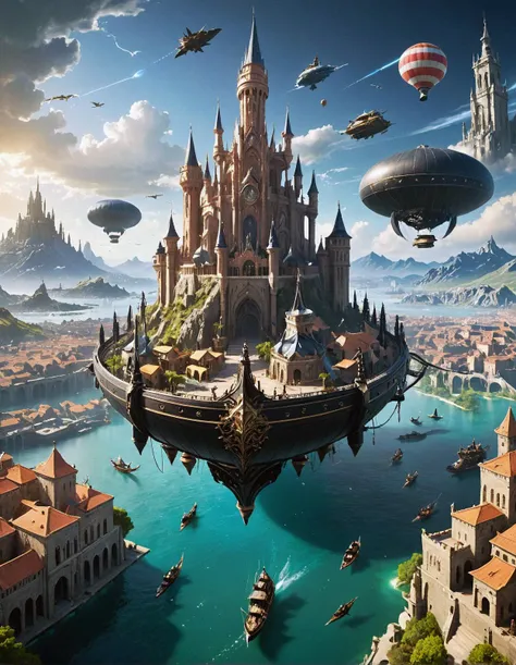 A breathtaking, panoramic view of the floating city of Altissia from Final Fantasy XV. Rendered in the style of a detailed Final Fantasy XV screenshot with vibrant colors, intricate architecture, and a bustling atmosphere. Include gondolas gliding along canals, airships soaring through the sky, and the iconic Citadel towering in the distance.