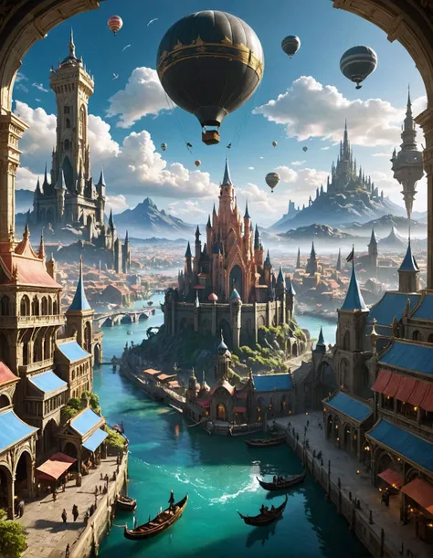 A breathtaking, panoramic view of the floating city of Altissia from Final Fantasy XV. Rendered in the style of a detailed Final Fantasy XV screenshot with vibrant colors, intricate architecture, and a bustling atmosphere. Include gondolas gliding along canals, airships soaring through the sky, and the iconic Citadel towering in the distance.