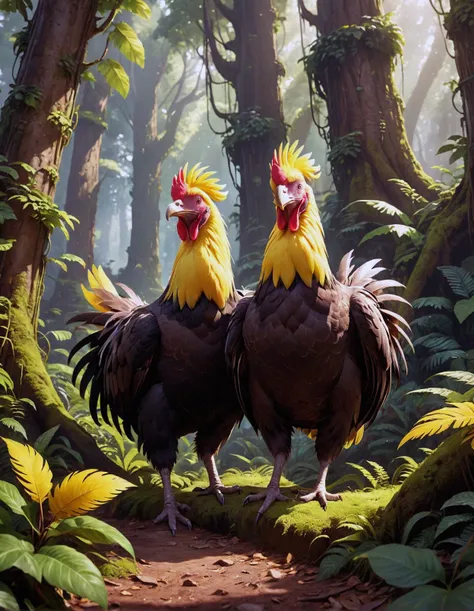 The Chocobros ride large, flightless birds with bright yellow feathers through a lush green forest, sunlight dappling through the leaves. They laugh and point, eager to discover hidden paths and ancient ruins within the vibrant foliage.