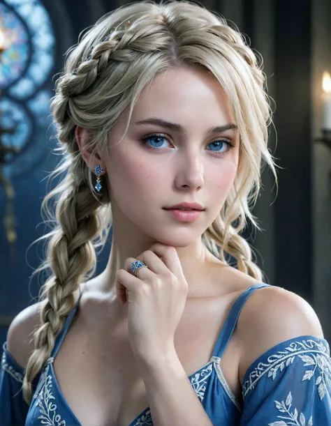A detailed portrait of Lady Lunafreya from Final Fantasy XV. Render in a realistic style with soft lighting, highlighting her gentle expression and flowing blonde hair, styled in a braid, as a gentle breeze blows through it. She has kind blue eyes and fair skin with a natural glow. She is adorned in her signature blue dress with intricate embroidery, and the Ring of the Oracle rests on her finger. Capture a sense of both serenity and determination in her gaze.