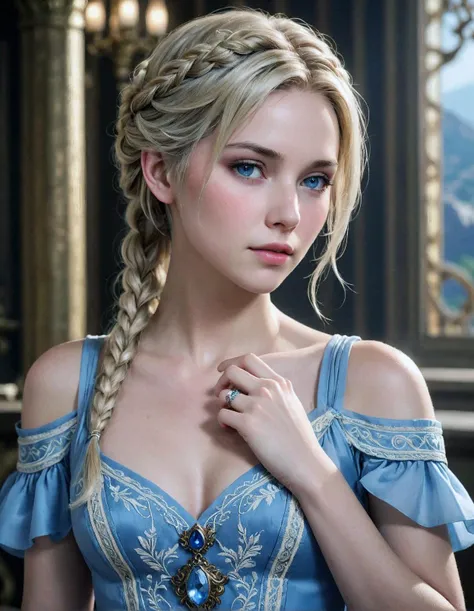 A detailed portrait of Lady Lunafreya from Final Fantasy XV. Render in a realistic style with soft lighting, highlighting her gentle expression and flowing blonde hair, styled in a braid, as a gentle breeze blows through it. She has kind blue eyes and fair skin with a natural glow. She is adorned in her signature blue dress with intricate embroidery, and the Ring of the Oracle rests on her finger. Capture a sense of both serenity and determination in her gaze.