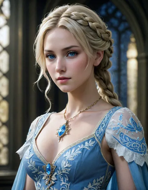 A detailed portrait of Lady Lunafreya from Final Fantasy XV. Render in a realistic style with soft lighting, highlighting her gentle expression and flowing blonde hair, styled in a braid, as a gentle breeze blows through it. She has kind blue eyes and fair skin with a natural glow. She is adorned in her signature blue dress with intricate embroidery, and the Ring of the Oracle rests on her finger. Capture a sense of both serenity and determination in her gaze.
