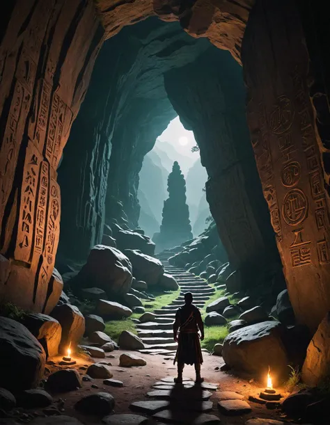 A lone adventurer stands silhouetted against the entrance of a mysterious cave carved into a mountainside. Ancient glyphs glow faintly on the stone, and a winding path disappears into the darkness within.